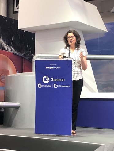 Mireille Franco, TotalEnergies Marine Fuels’ Head of HSEQ & Technical, presenting at Gastech 2023 in Singapore. 