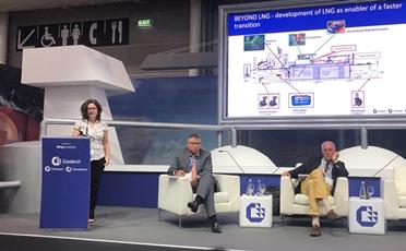 Mireille Franco, TotalEnergies Marine Fuels’ Head of HSEQ & Technical, presenting at Gastech 2023 in Singapore.