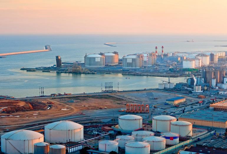 LNG Tanks at Port of Barcelona in Sunset