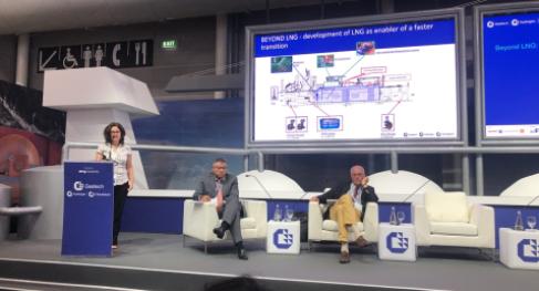 Mireille Franco, TotalEnergies Marine Fuels’ Head of HSEQ & Technical, presenting at Gastech 2023 in Singapore. 